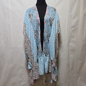 Umgee Cardigan Kimono Size S/M Mixed Print Floral Ruffles Western Boho Patchwork